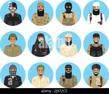 Set of colorful military Middle East people in flat style icons: muslim arabian officers and soldiers. Vector illustration. Stock Vector