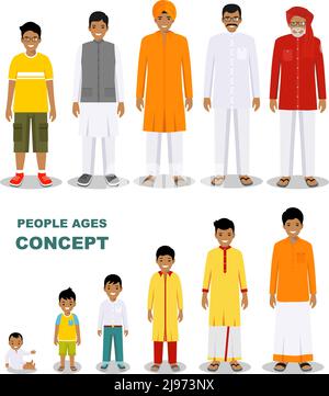 Family and social concept. All age group of Indian man family. Generations man. Stages of development people - infancy, childhood, youth, maturity, ol Stock Vector