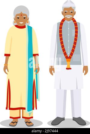 Detailed illustration of standing old indian people in the traditional national indian clothing isolated on white background in flat style. Senior ind Stock Vector