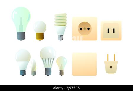 Set of Glass electric light bulb. electrical outlet and plug. Lighting device. Energy Saving Technologies. Isolated on white background. Vector. Stock Vector