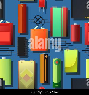 Battery Energy source with circuit symbols. Seamless pattern. Electricity accumulator. Seamless pattern. Galvanic cell. electrolytic dissociation. Sal Stock Vector