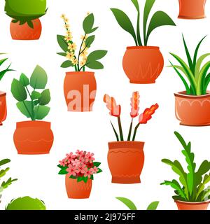 Indoor plants and flowers. In ceramic pots. Seamless pattern. Seamless pattern. Homemade beautiful herbs. Isolated on white background. Cartoon fun st Stock Vector