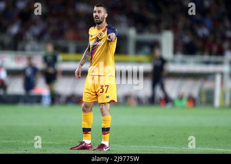 Leonardo Spinazzola of As Roma  gestures during the Serie A match between Torino Fc and As Roma at Stadio Olimpico on May 20, 2022 in Turin, Italy. Stock Photo