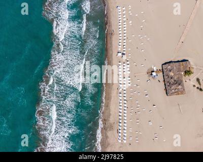 Bird's-eye view of Patara beach shot with drone - Kaş, Antalya, Turkey Stock Photo