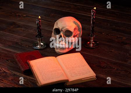 Still life composition of stuff for satanic ritual . Humans skull with satanic bible and burning candles. Stock Photo