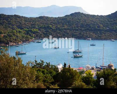 Private yachts anchored in Kaş marina, Antalya / Turkey Stock Photo