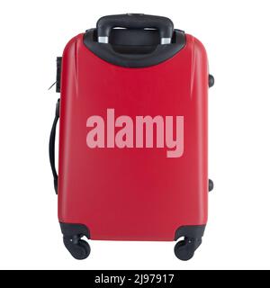 Back side of Red suitcase isolated on white background with clipping path, large polycarbonate baggage case, huge plastic travel bag