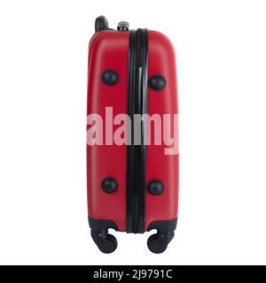 Profile of Red suitcase isolated on white background with clipping path, large polycarbonate baggage case, huge plastic travel bag Stock Photo