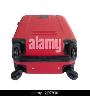Bottom of Red suitcase isolated on white background with clipping path, large polycarbonate baggage case, huge plastic travel bag Stock Photo