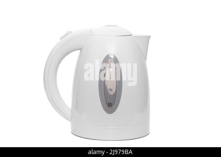 Side view of white plastic upright electric kettle isolated on white Stock Photo