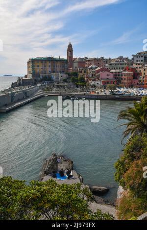 View of the small port ('Porticciolo') of the fishing village from the Anita Garibaldi Promenade, popular tourist destination, Nervi, Genoa, Liguria Stock Photo