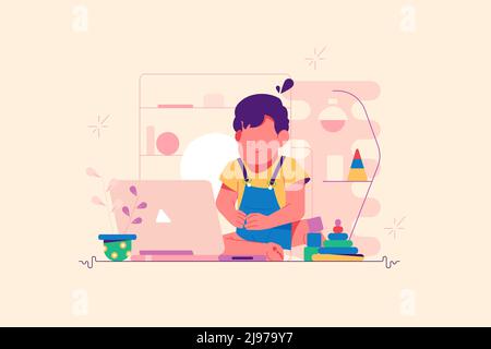 Small kid watching cartoons on modern laptop Stock Vector