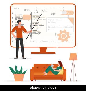 Vector illustration Programming languages learning. Software coding courses, website development class, script writing. IT programmers. Training Dista Stock Vector