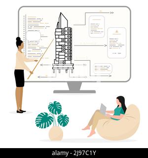 Vector illustration Teacher teaching people. Construction Architecture learning Course Workshop Lecture Development class. Architects Craftsmen Plan B Stock Vector