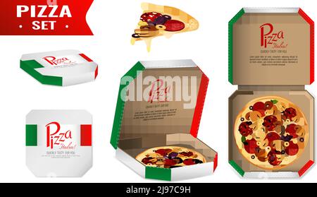 Realistic set with pizza for sale in cardboard box in colors of italian flag isolated vector illustration Stock Vector