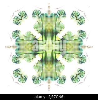 Isolated on white green and yellow watercolor painted kaleidoscopic cross shape emblem on white paper. Fine abstract symmetric painting. Symmetrical Stock Photo