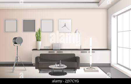 Realistic living room interior 3d design in light tones with furniture, french window, picture frames vector illustration Stock Vector