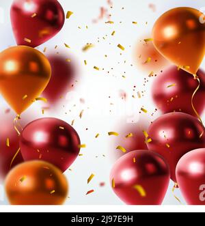 Shiny red and orange balloons and rain from golden confetti on blurred light background vector illustration Stock Vector