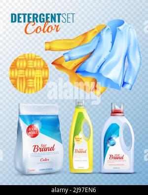 Colored and isolated detergents clothes transparent icon set with conditioner washing powder and clean shirts vector illustration Stock Vector