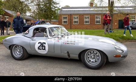 1960s Jaguar E-Type racer once driven by Sir Stirling Moss, on display at the April Scramble held at the Bicester Heritage Centre on the 23 April 2022 Stock Photo