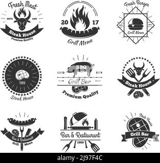 Steakhouse vintage emblems collection with flat monochrome images of kitchenware flame meat steaks and decorative elements vector illustration Stock Vector