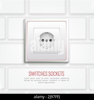 Socket of european standard with red line at plastic panel on white brick wall background vector illustration Stock Vector
