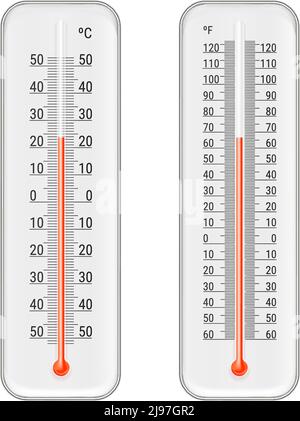 Set of realistic white meteorology thermometers with celsius and fahrenheit scales, red mercurial indicator isolated vector illustration Stock Vector