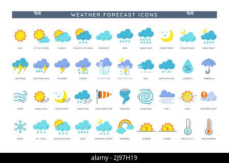 Weather icons. Weather forecast icon collection. 50 colorful icons with the most common indications in any meteorological part, such as sun, rain, win Stock Vector