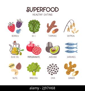 Superfood icon collection. Collection of food ingredients with special properties for health. Stock Vector