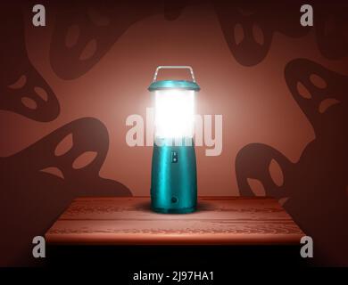 Realistic blue metal lighting electric lamp stands on the wooden table and illuminates scared hgost faces around vector illustration Stock Vector