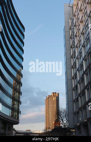 One of the apartment blocks of the The Barbican Estate. The Barbican, is a residential complex of around 2,000 flats, maisonettes, and houses in the C Stock Photo