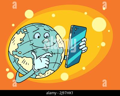 planet earth character with phone, global connection, internet Stock Vector