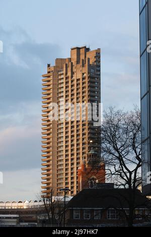 One of the apartment blocks of the The Barbican Estate. The Barbican, is a residential complex of around 2,000 flats, maisonettes, and houses in the C Stock Photo