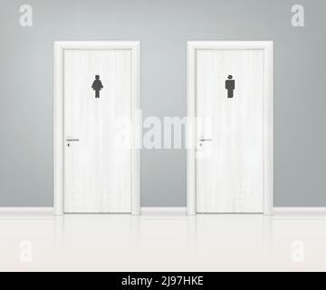 Two white wooden doors wc realistic composition for for men and women with inscription on the door vector illustration Stock Vector