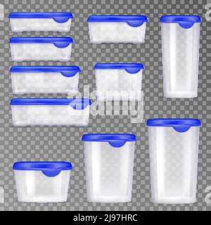 Colored and realistic plastic food containers icon set with blue cap on transparent background vector illustration Stock Vector
