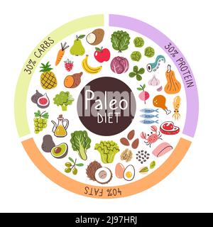 Paleo diet food ingredients. Percentages of carbs, protein, and fats most used in this diet. Food icon collection. Stock Vector