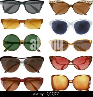 Big realistic set of colorful summer sunglasses for men and women isolated on white background vector illustration Stock Vector