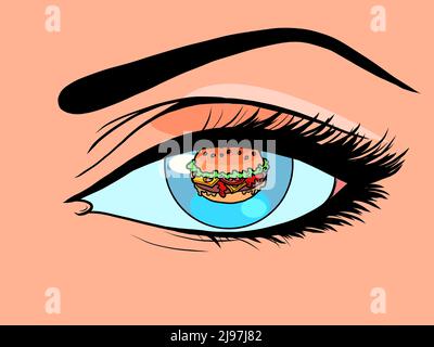 burger fast food street restaurant instead of a pupil in a womans eye Stock Vector