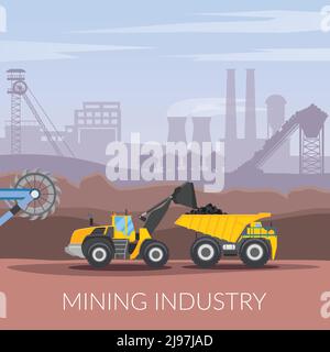 Mining industry flat composition with coal loading by excavator to truck on factory background vector illustration Stock Vector