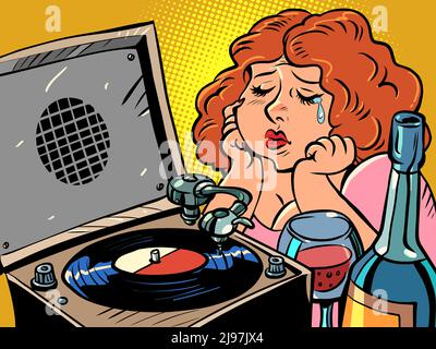 Sad red-haired woman listens to music on the gramophone and drinks wine. Lonely evening. Plate Stock Vector