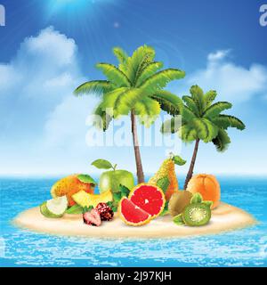 Fresh fruit conceptual background with composition of tropical island with palms and fruit slices on sands vector illustration Stock Vector