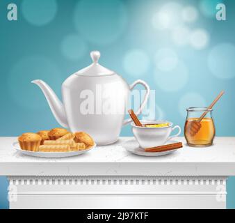 White porcelain teapot full hot teacup glass honey jar and plate muffins waffels realistic composition vector illustration Stock Vector