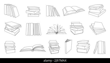 Book stack isometric simple sticker black line set. Monochrome icon journal insert planner. Fine elegant lineart bookstore design education website learning school app create collage isolated on white Stock Vector