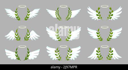 Angel wing white wreath leafy emblem flight flat set. Delicate element card barrette sticker spring nature wreath. Vintage badge freedom decoration heraldic tattoo symbol air sky logo tribal isolated Stock Vector