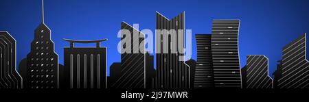 Black skyscrapers on a blue gradient background. Architectural web banner vector illustration. Stock Vector