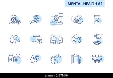 Mental health and psychological help. Set of 15 pixel perfect line art icons. Stock Vector