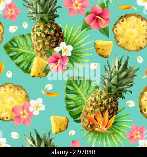 Realistic colorful seamless pattern with pineapples and flowers vector illustration Stock Vector