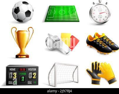 Soccer set of 3d icons with field, ball, trophy, scoreboard, whistle, gloves and boots isolated vector illustration Stock Vector