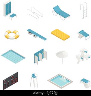 Swimming pool elements isometric icons set with change room locker closet shower life ring isometric vector illustration Stock Vector