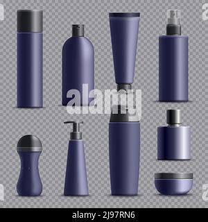 Set of realistic male cosmetic packagings of blue purple color on transparent background isolated vector illustration Stock Vector